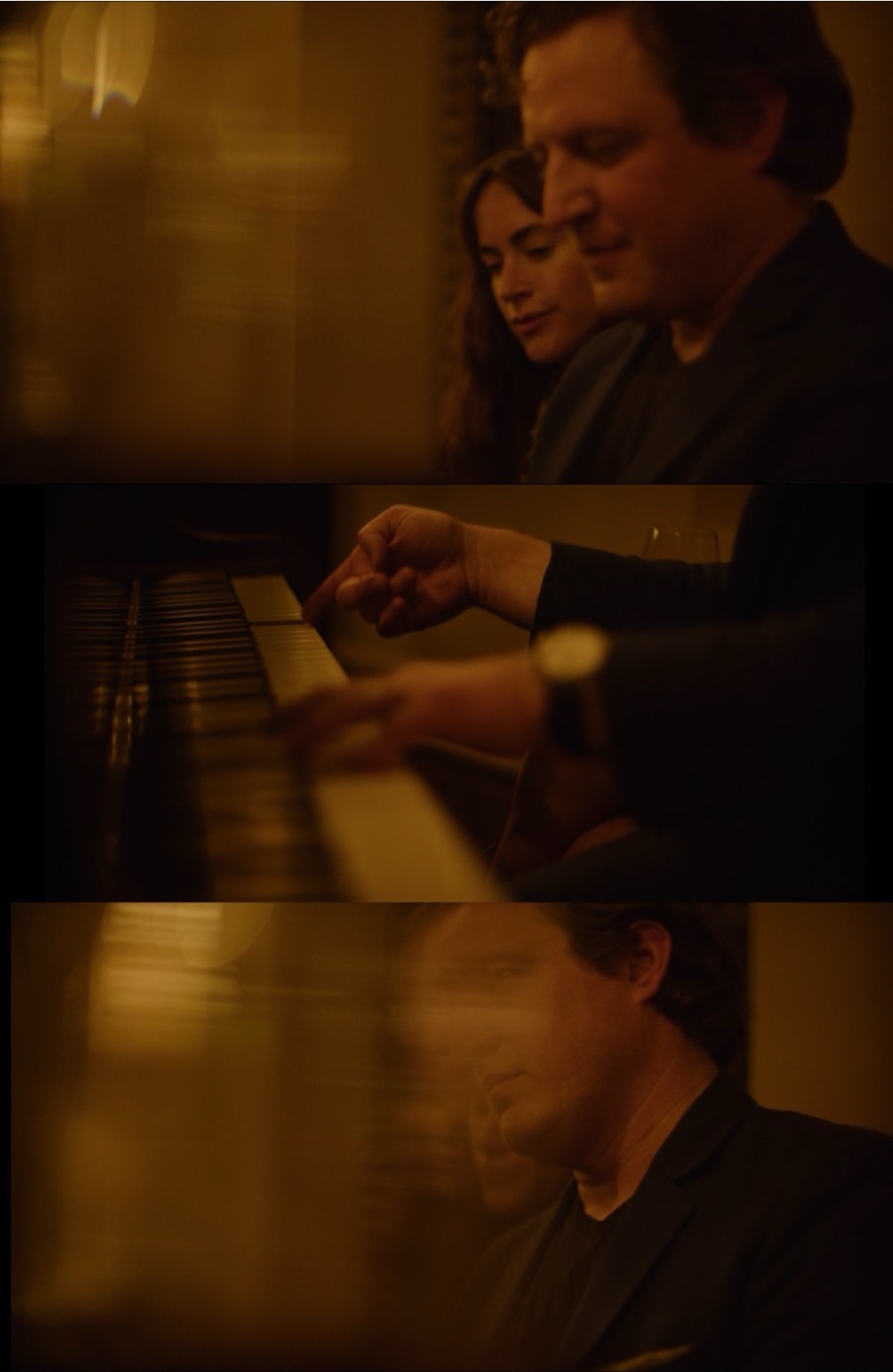 Composer Jason Pelsey playing piano in warm low light, shown in three frames: with a friend at his side, his hands on the keys, and in profile