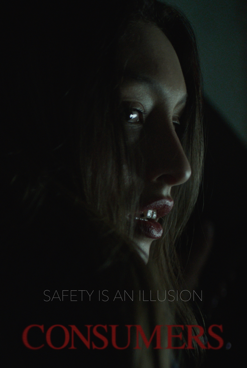Jennifer Michele De Winter in Consumers, a psychological horror film poster, tagline 'safety is an illusion'