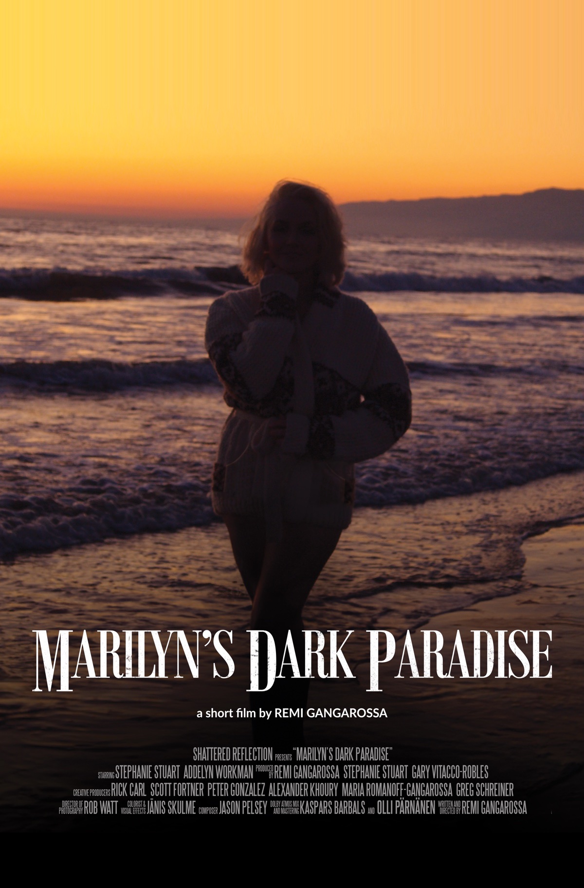 Marilyn's Dark Paradise film poster: a woman silhouetted on the beach at sunset. A short film by Remi Gangarossa, director of photography Rob Watt